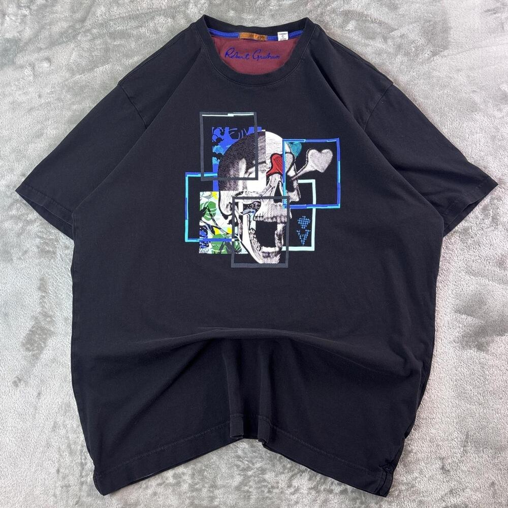 Robert Graham Skull Graphic T-Shirt Men’s Large Black Floral Art Y2K Style